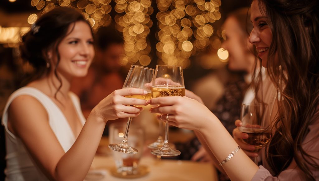 westend mother and bride sharing a toast during bar spend weddings celebration