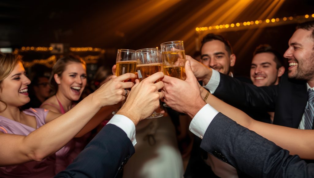 close-up cheers at bar spend weddings with bride, groom and friends celebrating