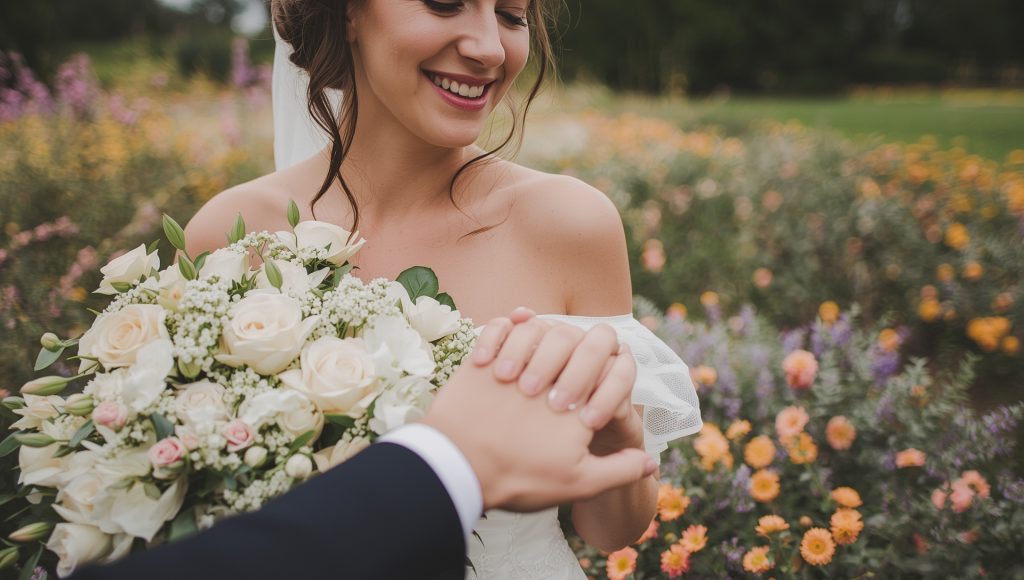 Close-up of bride holding bouquet at simple Christchurch wedding