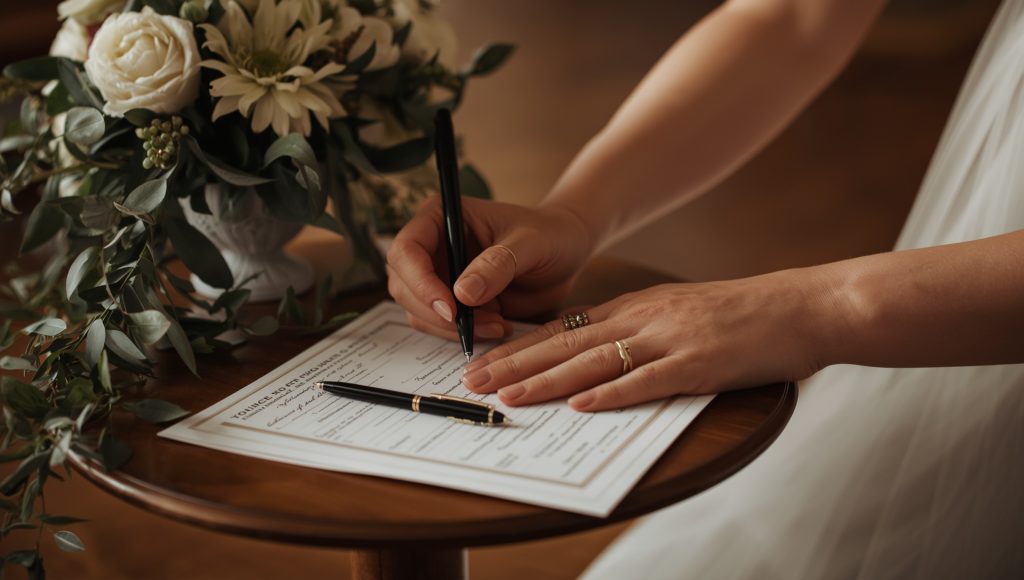 affordable ceremony and reception Christchurch – signing marriage licence