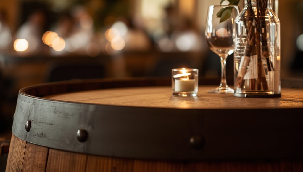 wine barrel table setup used at bar spend weddings venue in Christchurch