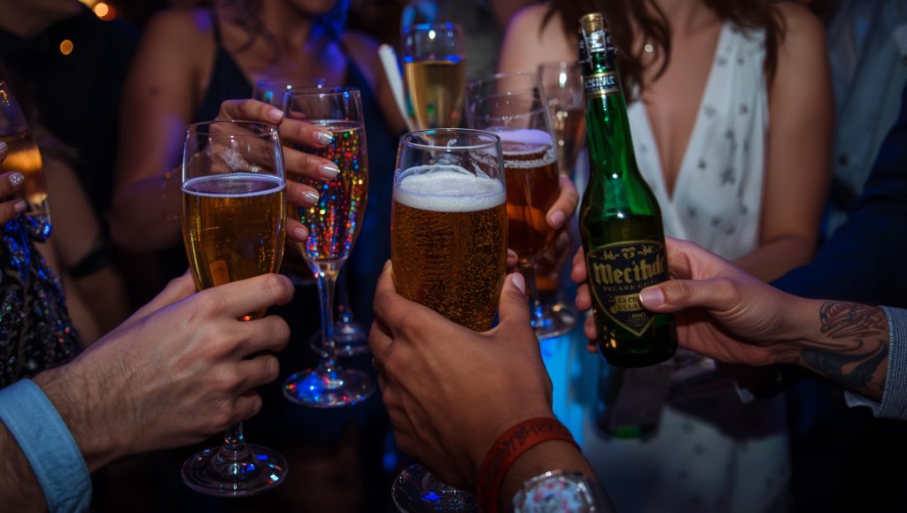 ceremony-plus-party wedding Christchurch – drinks and bouquet detail