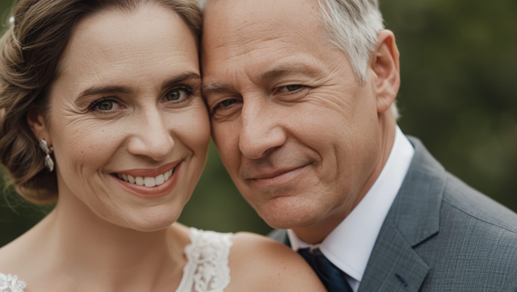 Mature couple wedding portrait close-up with soft background blur