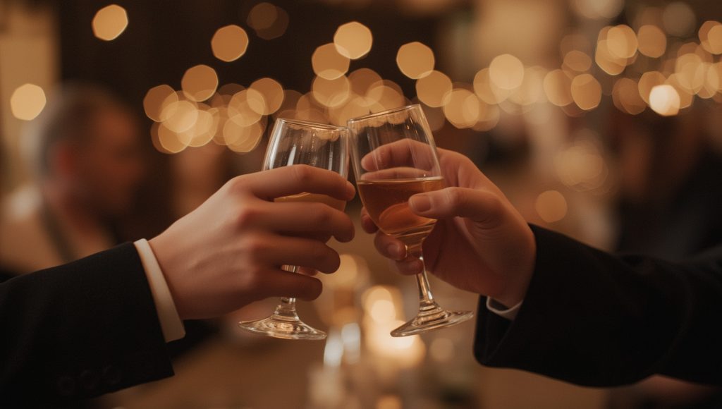 Close-up of drinks toasting at an affordable Christchurch wedding"