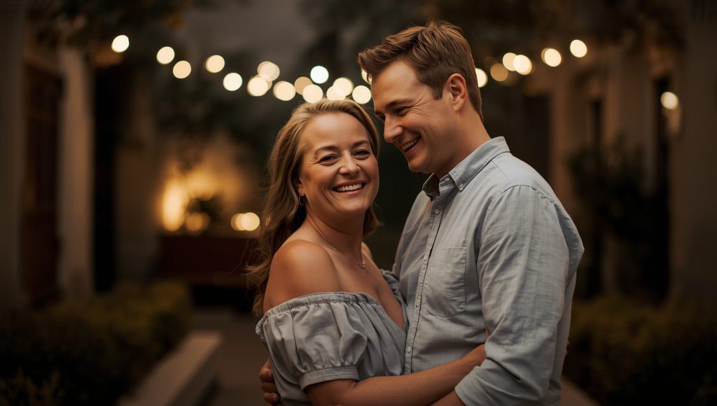 Mature couple smiling and dancing closely under string lights at a relaxed Christchurch wedding.