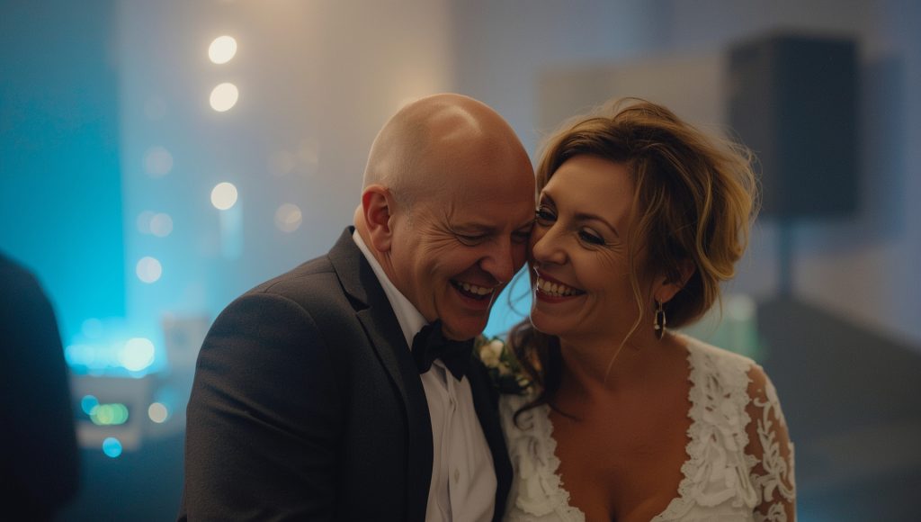 Bride and groom in their 40s–50s laughing together in a softly lit Christchurch wedding scene.