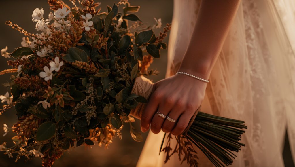 Close-up of a bride holding a rustic wedding bouquet with warm golden lighting on the flowers and her rings.