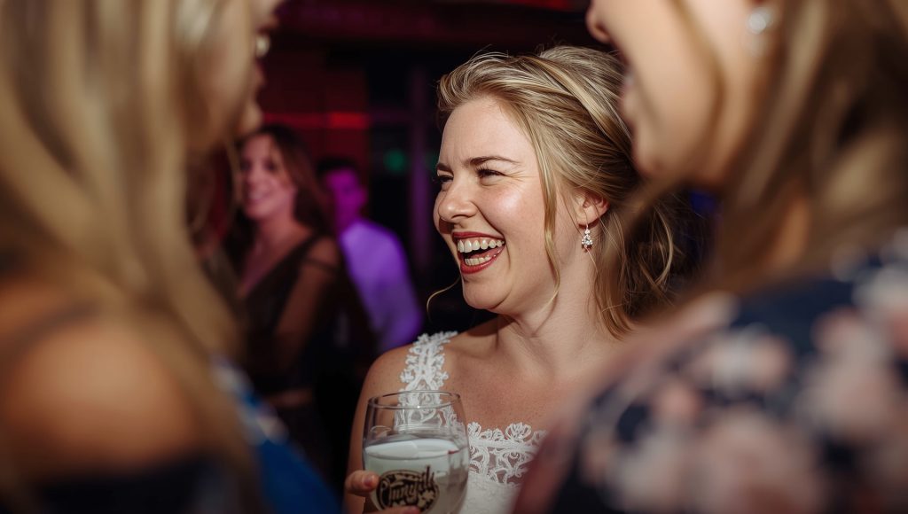 Close-up of a bride laughing with friends during at westend wedding reception.