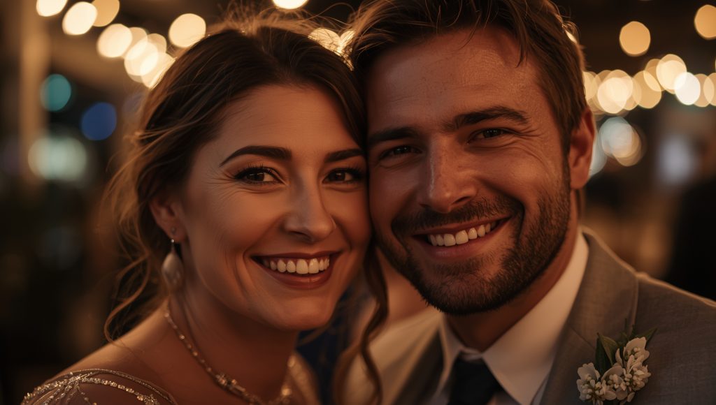 Close-up of a newlywed couple smiling at the camera with warm ambient lights behind them.