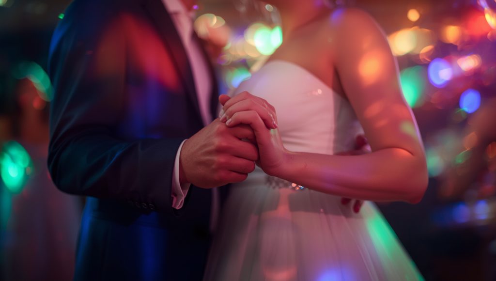 Close-up of a wedding couple dancing with colourful blurred party lights in the background.