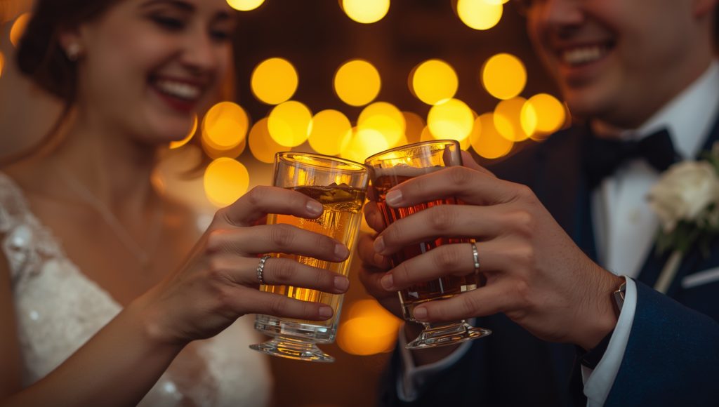 Close-up of a wedding couple clinking drinks with warm golden lights in the background.