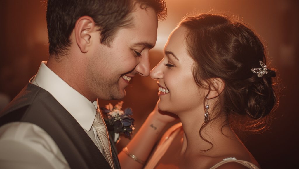 Close-up of a bride and groom smiling gently with foreheads touching during their Christchurch wedding.