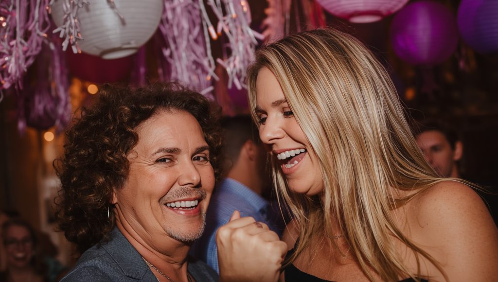 Two friends laughing and dancing together under colourful wedding decorations in Christchurch.