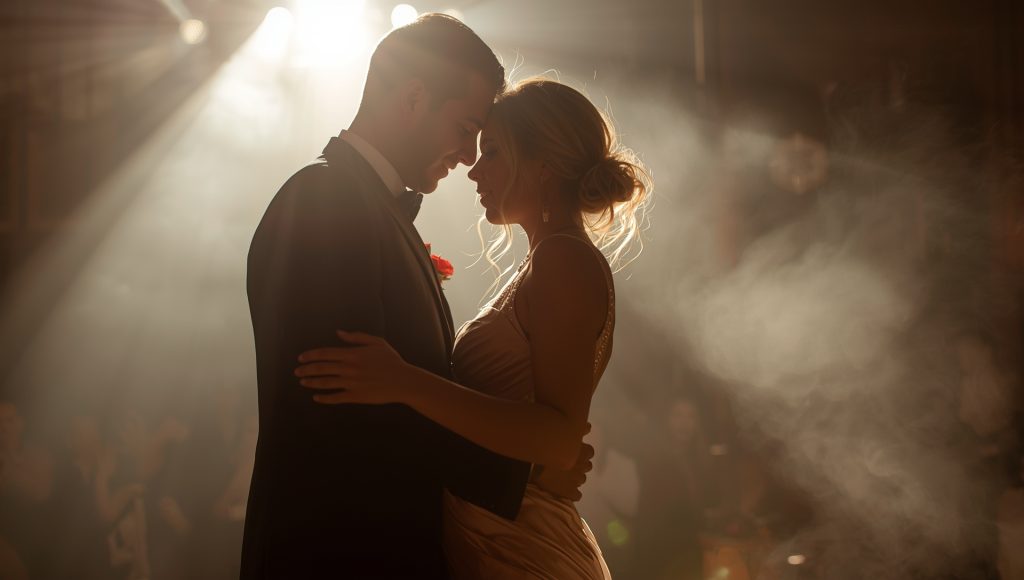 Close-up of a couple sharing a romantic first dance at their Christchurch wedding, softly lit with warm spotlight and gentle haze in the background.