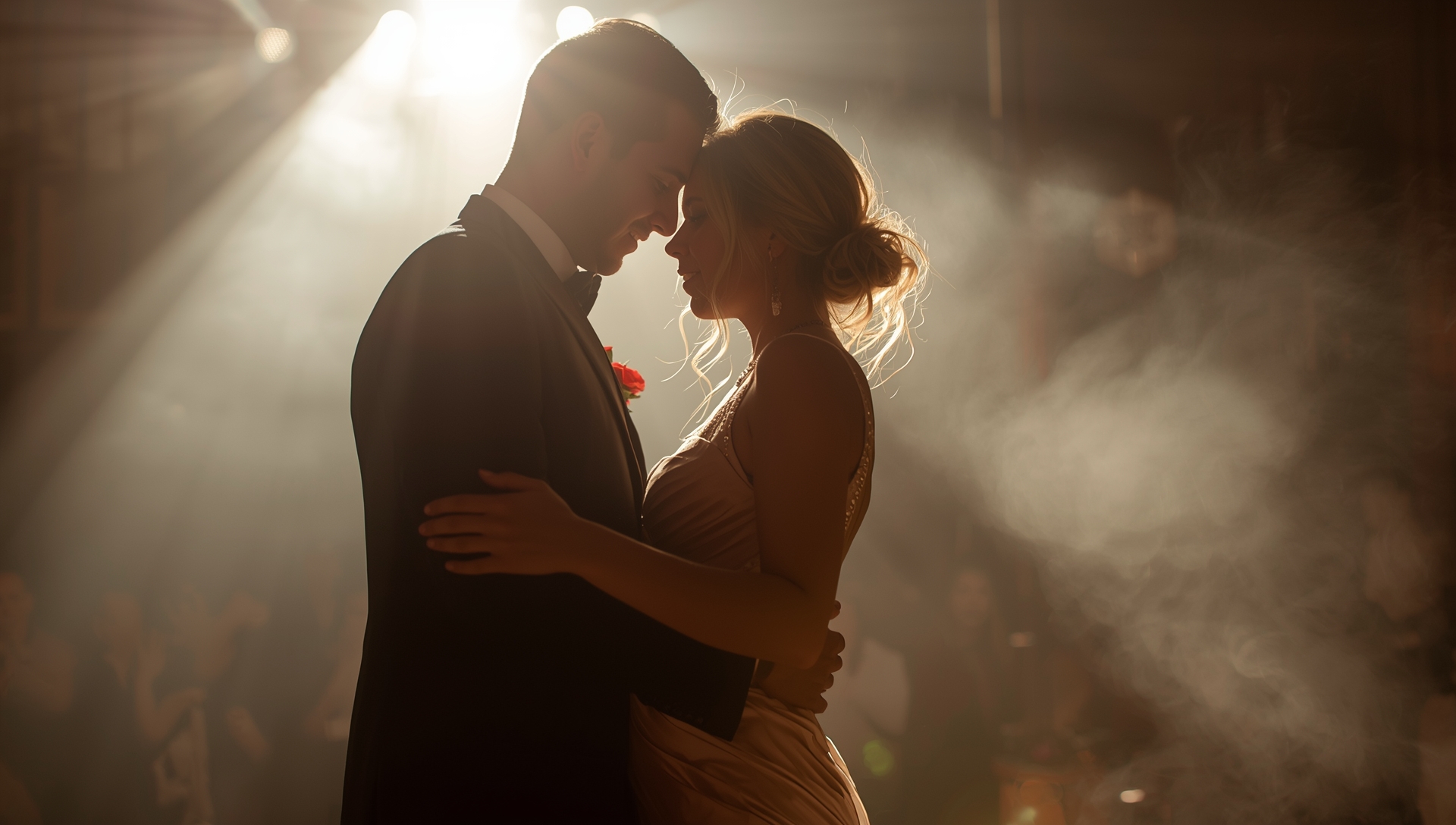 Close-up of a couple sharing a romantic first dance at their Christchurch wedding, softly lit with warm spotlight and gentle haze in the background.
