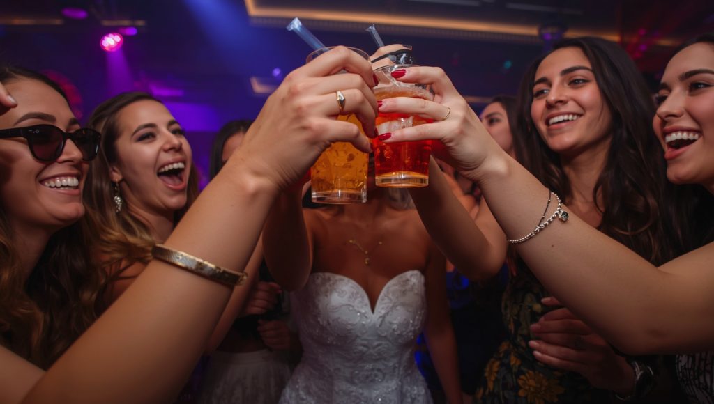 Friends cheering with cocktails at a Christchurch wedding celebration.