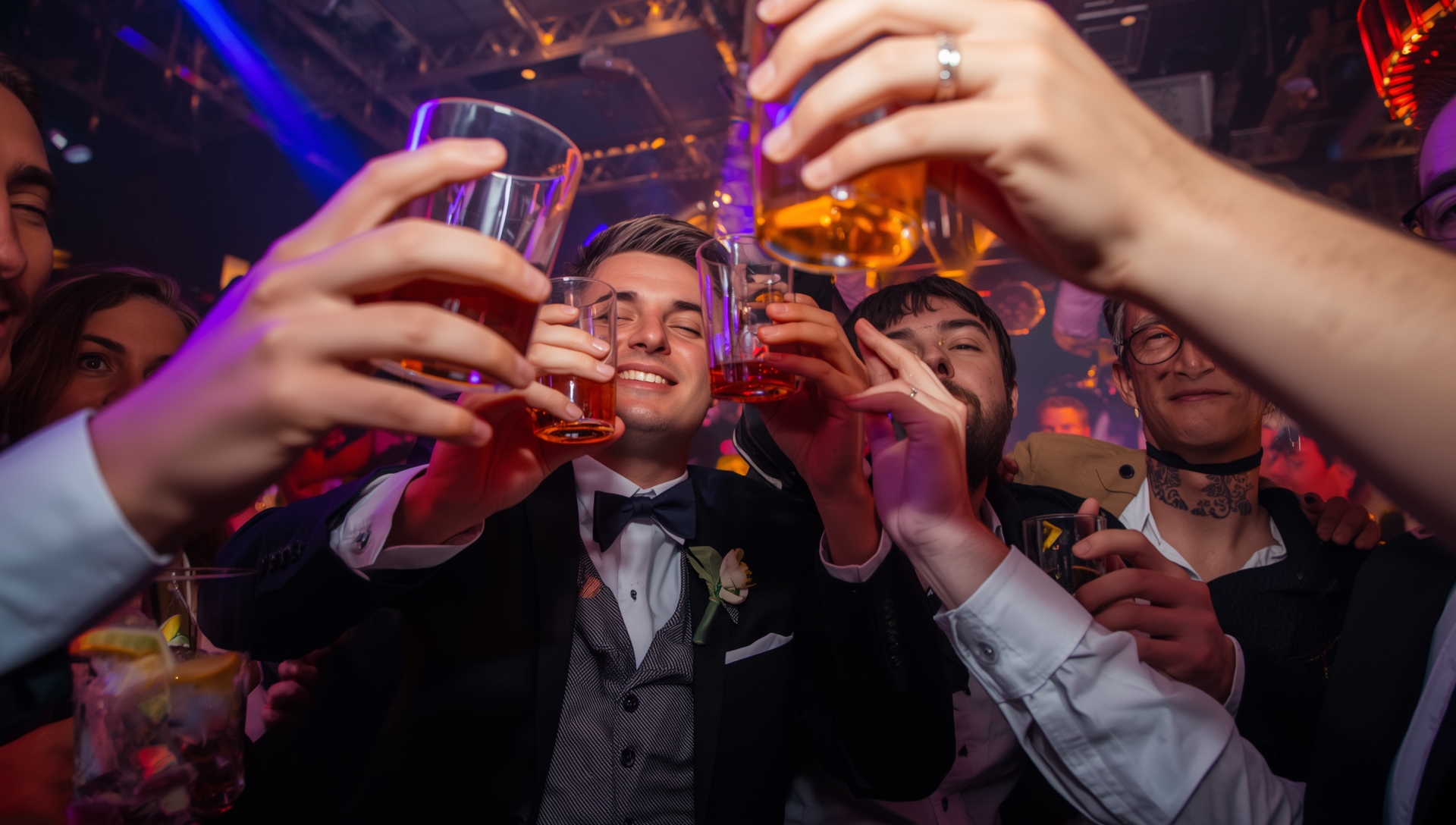 Close-up of the groom and friends raising drinks at a lively Christchurch wedding celebration.