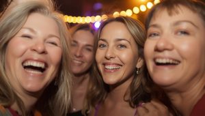 Group of women in their 40s and 50s laughing together at a lively Christchurch second wedding celebration.