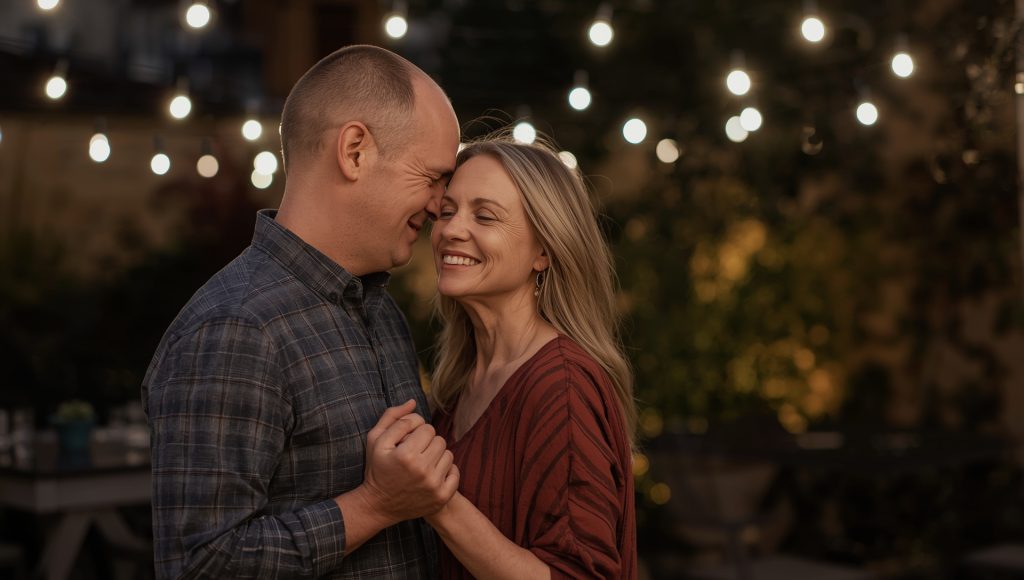 Mature couple smiling and dancing closely under string lights at a relaxed Christchurch wedding.