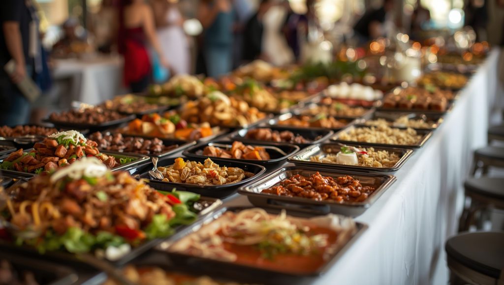 Guests serving themselves from a buffet station at a venue with BYO food Christchurch, highlighting relaxed and affordable catering options.