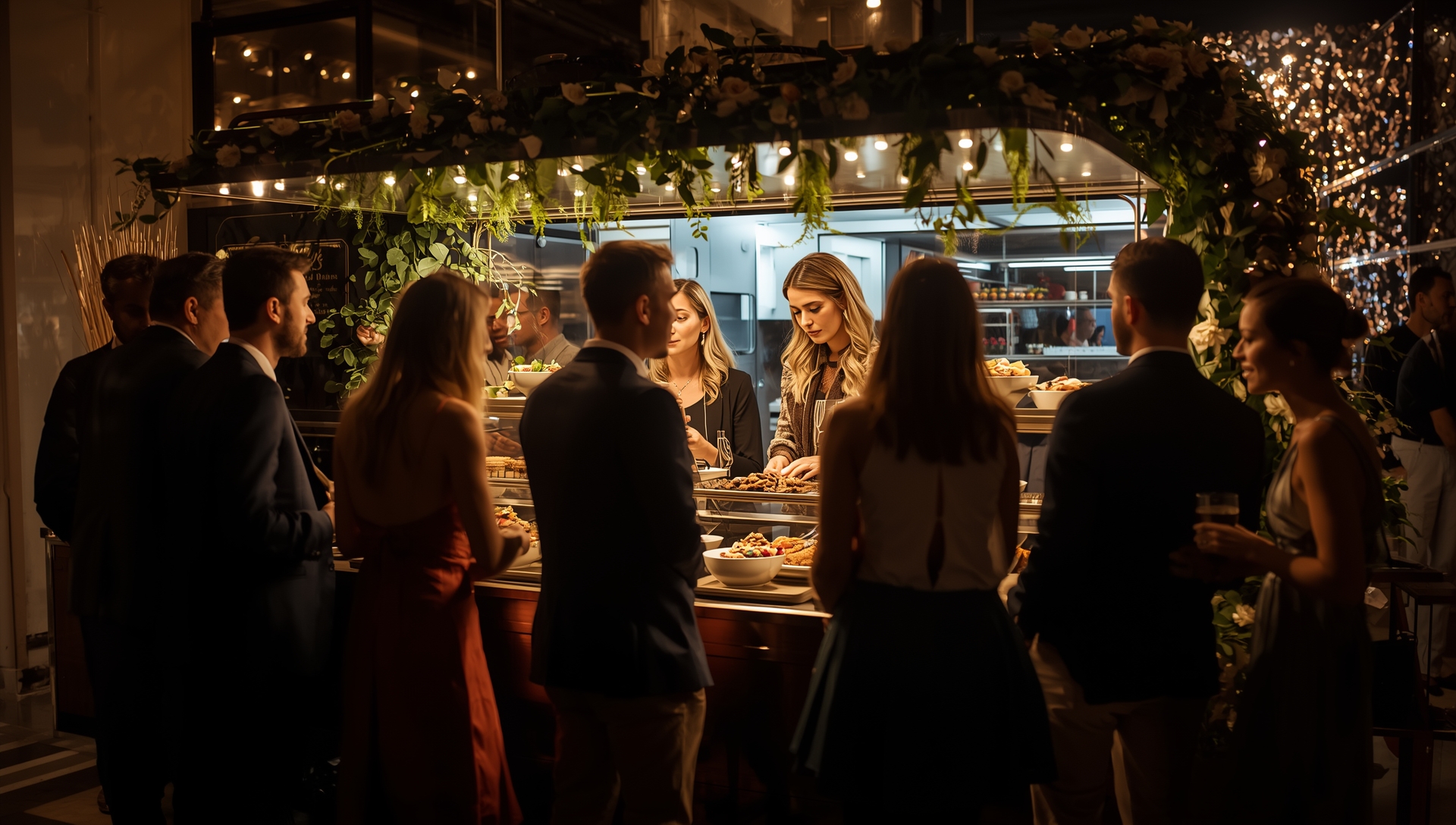 Evening food truckwith guests choosing food at a venue with BYO food Christchurch, suitable for weddings, parties and corporate events.