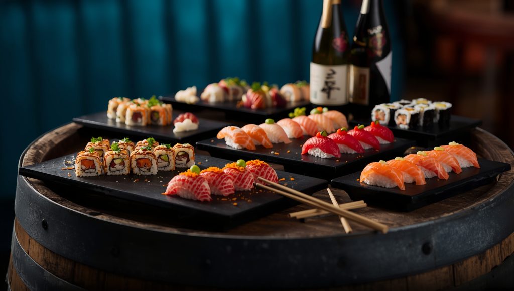 Elegant sushi platters displayed on a wine barrel table at a venue with BYO food Christchurch, showcasing modern and affordable food choices.