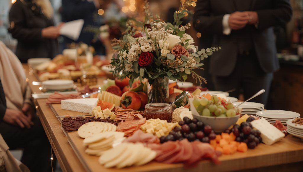 A beautifully styled wedding grazing table with cheeses, fruit, meats and flowers at a venue with BYO food Christchurch, perfect for weddings and 21st celebrations.